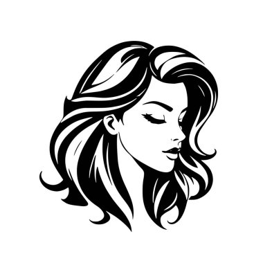 Çağdaş Salon Logoları 'na uygun cesur dalgalı saç çizgileri olan kadın portresi. Romantik Dalgalı Saçlı Bir Kadının Tek Renkli Çizimi, Retro Güzellik Markaları İçin Harika.