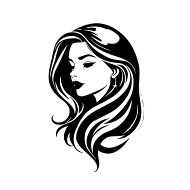 Çağdaş Salon Logoları 'na uygun cesur dalgalı saç çizgileri olan kadın portresi. Romantik Dalgalı Saçlı Bir Kadının Tek Renkli Çizimi, Retro Güzellik Markaları İçin Harika.