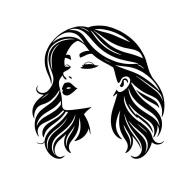 Çağdaş Salon Logoları 'na uygun cesur dalgalı saç çizgileri olan kadın portresi. Romantik Dalgalı Saçlı Bir Kadının Tek Renkli Çizimi, Retro Güzellik Markaları İçin Harika.