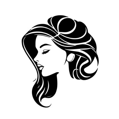 Çağdaş Salon Logoları 'na uygun cesur dalgalı saç çizgileri olan kadın portresi. Romantik Dalgalı Saçlı Bir Kadının Tek Renkli Çizimi, Retro Güzellik Markaları İçin Harika.