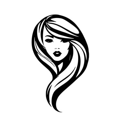 Çağdaş Salon Logoları 'na uygun cesur dalgalı saç çizgileri olan kadın portresi. Romantik Dalgalı Saçlı Bir Kadının Tek Renkli Çizimi, Retro Güzellik Markaları İçin Harika.