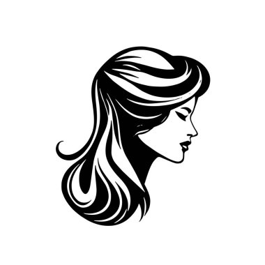 Çağdaş Salon Logoları 'na uygun cesur dalgalı saç çizgileri olan kadın portresi. Romantik Dalgalı Saçlı Bir Kadının Tek Renkli Çizimi, Retro Güzellik Markaları İçin Harika.