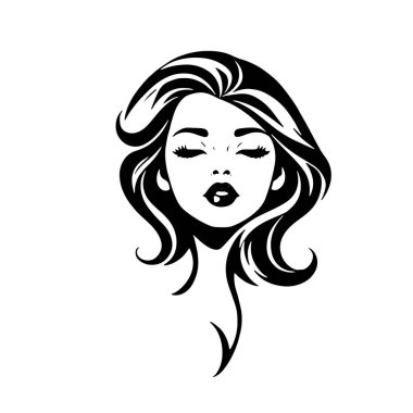 Çağdaş Salon Logoları 'na uygun cesur dalgalı saç çizgileri olan kadın portresi. Romantik Dalgalı Saçlı Bir Kadının Tek Renkli Çizimi, Retro Güzellik Markaları İçin Harika.