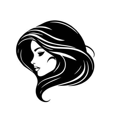 Çağdaş Salon Logoları 'na uygun cesur dalgalı saç çizgileri olan kadın portresi. Romantik Dalgalı Saçlı Bir Kadının Tek Renkli Çizimi, Retro Güzellik Markaları İçin Harika.