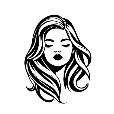 Çağdaş Salon Logoları 'na uygun cesur dalgalı saç çizgileri olan kadın portresi. Romantik Dalgalı Saçlı Bir Kadının Tek Renkli Çizimi, Retro Güzellik Markaları İçin Harika.
