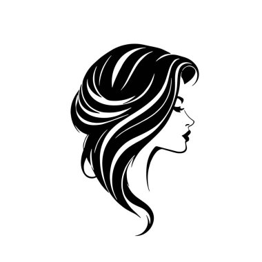 Çağdaş Salon Logoları 'na uygun cesur dalgalı saç çizgileri olan kadın portresi. Romantik Dalgalı Saçlı Bir Kadının Tek Renkli Çizimi, Retro Güzellik Markaları İçin Harika.