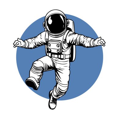 Retro titreşimli stilize edilmiş insan astronot. Uzay giysisi içinde oyuncu bir astronot. Galaktik Arkaplanda Komik Uzay Adamı