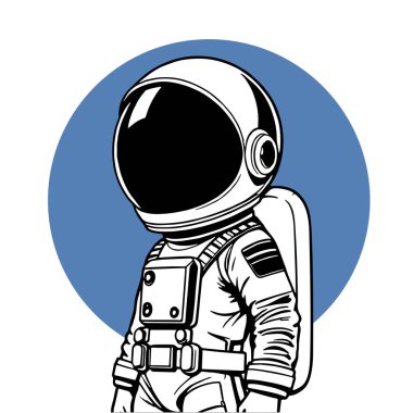 Retro titreşimli stilize edilmiş insan astronot. Uzay giysisi içinde oyuncu bir astronot. Galaktik Arkaplanda Komik Uzay Adamı