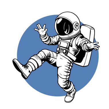 Retro titreşimli stilize edilmiş insan astronot. Uzay giysisi içinde oyuncu bir astronot. Galaktik Arkaplanda Komik Uzay Adamı