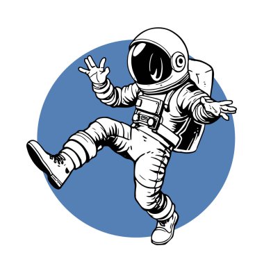 Retro titreşimli stilize edilmiş insan astronot. Uzay giysisi içinde oyuncu bir astronot. Galaktik Arkaplanda Komik Uzay Adamı