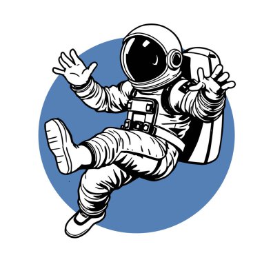 Retro titreşimli stilize edilmiş insan astronot. Uzay giysisi içinde oyuncu bir astronot. Galaktik Arkaplanda Komik Uzay Adamı