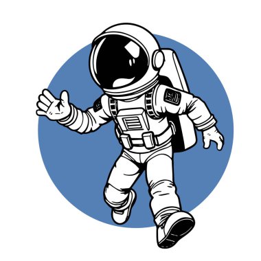 Retro titreşimli stilize edilmiş insan astronot. Uzay giysisi içinde oyuncu bir astronot. Galaktik Arkaplanda Komik Uzay Adamı