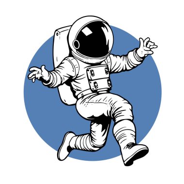 Retro titreşimli stilize edilmiş insan astronot. Uzay giysisi içinde oyuncu bir astronot. Galaktik Arkaplanda Komik Uzay Adamı