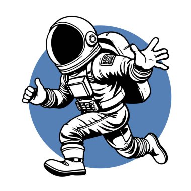 Retro titreşimli stilize edilmiş insan astronot. Uzay giysisi içinde oyuncu bir astronot. Galaktik Arkaplanda Komik Uzay Adamı