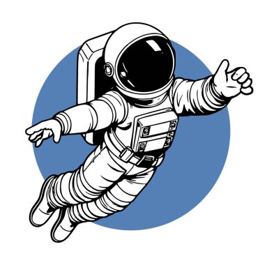 Retro titreşimli stilize edilmiş insan astronot. Uzay giysisi içinde oyuncu bir astronot. Galaktik Arkaplanda Komik Uzay Adamı
