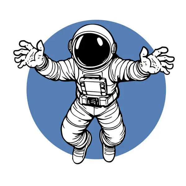 Retro titreşimli stilize edilmiş insan astronot. Uzay giysisi içinde oyuncu bir astronot. Galaktik Arkaplanda Komik Uzay Adamı