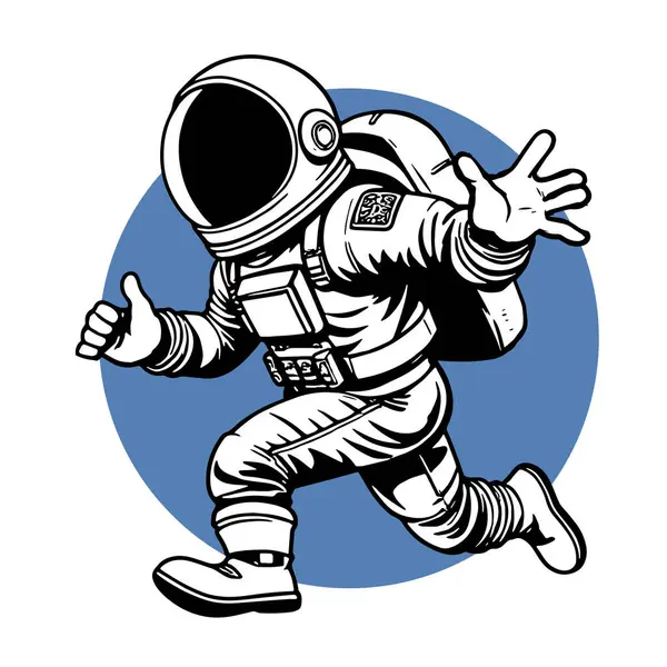 Retro titreşimli stilize edilmiş insan astronot. Uzay giysisi içinde oyuncu bir astronot. Galaktik Arkaplanda Komik Uzay Adamı