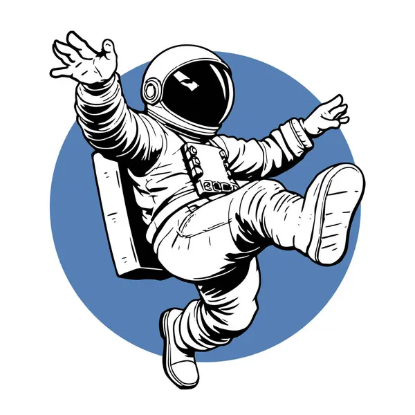 Retro titreşimli stilize edilmiş insan astronot. Uzay giysisi içinde oyuncu bir astronot. Galaktik Arkaplanda Komik Uzay Adamı