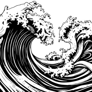 Okyanus dalgası illüstrasyon vektör sanatı. Tek renkli sanatta denizin büyük dalgaları.