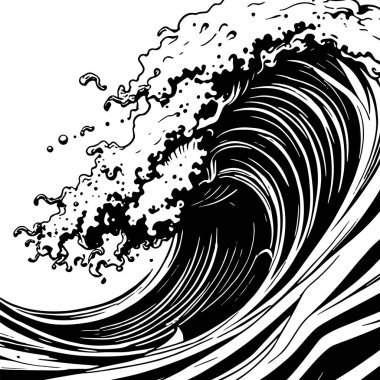 Okyanus dalgası illüstrasyon vektör sanatı. Tek renkli sanatta denizin büyük dalgaları.