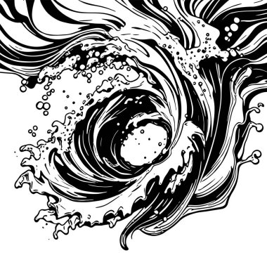 Okyanus dalgası illüstrasyon vektör sanatı. Tek renkli sanatta denizin büyük dalgaları.