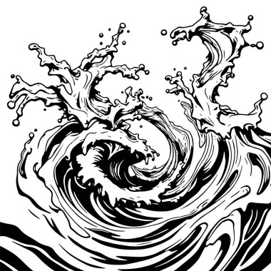 Okyanus dalgası illüstrasyon vektör sanatı. Tek renkli sanatta denizin büyük dalgaları.