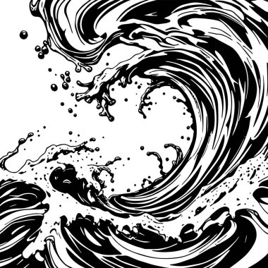 Okyanus dalgası illüstrasyon vektör sanatı. Tek renkli sanatta denizin büyük dalgaları.