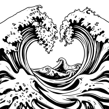 Okyanus dalgası illüstrasyon vektör sanatı. Tek renkli sanatta denizin büyük dalgaları.