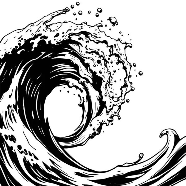 Okyanus dalgası illüstrasyon vektör sanatı. Tek renkli sanatta denizin büyük dalgaları.