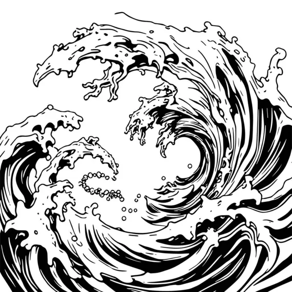 Okyanus dalgası illüstrasyon vektör sanatı. Tek renkli sanatta denizin büyük dalgaları.