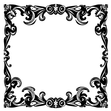 Dekoratif çiçek ve yaprak kıvrımları kabartma çerçeve çizimi. Dekoratif çiçek ve kıvrımların sınır veya arkaplan sanatı oyulmuş süslemeler.