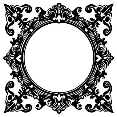 Dekoratif çiçek ve yaprak kıvrımları kabartma çerçeve çizimi. Dekoratif çiçek ve kıvrımların sınır veya arkaplan sanatı oyulmuş süslemeler.