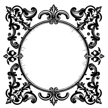Dekoratif çiçek ve yaprak kıvrımları kabartma çerçeve çizimi. Dekoratif çiçek ve kıvrımların sınır veya arkaplan sanatı oyulmuş süslemeler.