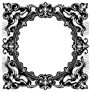 Dekoratif çiçek ve yaprak kıvrımları kabartma çerçeve çizimi. Dekoratif çiçek ve kıvrımların sınır veya arkaplan sanatı oyulmuş süslemeler.