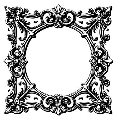 Dekoratif çiçek ve yaprak kıvrımları kabartma çerçeve çizimi. Dekoratif çiçek ve kıvrımların sınır veya arkaplan sanatı oyulmuş süslemeler.