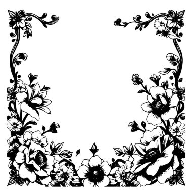 Dekoratif çiçek ve yapraklar arka plan çerçeve çizimlerini oluşturur. Dekoratif çiçeklerin ve kıvrımların kenar arkaplan sanatı süsleri.