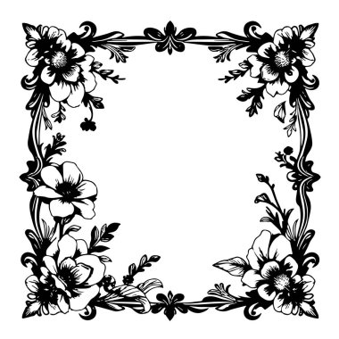 Dekoratif çiçek ve yapraklar arka plan çerçeve çizimlerini oluşturur. Dekoratif çiçeklerin ve kıvrımların kenar arkaplan sanatı süsleri.
