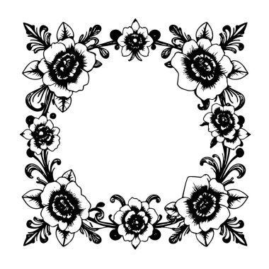 Dekoratif çiçek ve yapraklar arka plan çerçeve çizimlerini oluşturur. Dekoratif çiçeklerin ve kıvrımların kenar arkaplan sanatı süsleri.