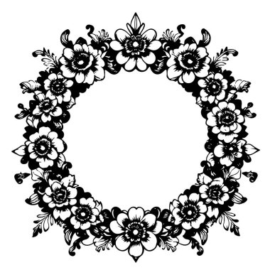 Dekoratif çiçek ve yapraklar arka plan çerçeve çizimlerini oluşturur. Dekoratif çiçeklerin ve kıvrımların kenar arkaplan sanatı süsleri.