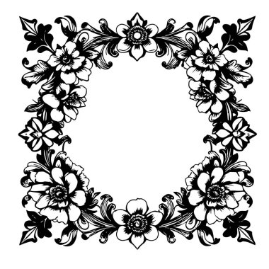 Dekoratif çiçek ve yapraklar arka plan çerçeve çizimlerini oluşturur. Dekoratif çiçeklerin ve kıvrımların kenar arkaplan sanatı süsleri.