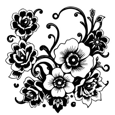 Dekoratif çiçek ve yapraklar arka planda girdap oluşturur. Dekoratif çiçeklerin ve kıvrımların arkaplan sanatı.