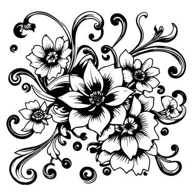 Dekoratif çiçek ve yapraklar arka planda girdap oluşturur. Dekoratif çiçeklerin ve kıvrımların arkaplan sanatı.