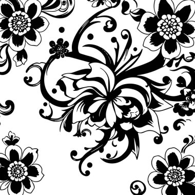 Dekoratif çiçek ve yapraklar arka planda girdap oluşturur. Dekoratif çiçeklerin ve kıvrımların arkaplan sanatı.