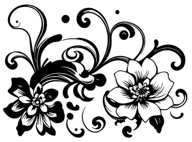 Dekoratif çiçek ve yapraklar arka planda girdap oluşturur. Dekoratif çiçeklerin ve kıvrımların arkaplan sanatı.