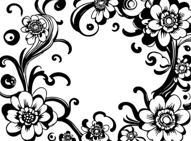 Dekoratif çiçek ve yapraklar arka planda girdap oluşturur. Dekoratif çiçeklerin ve kıvrımların arkaplan sanatı.