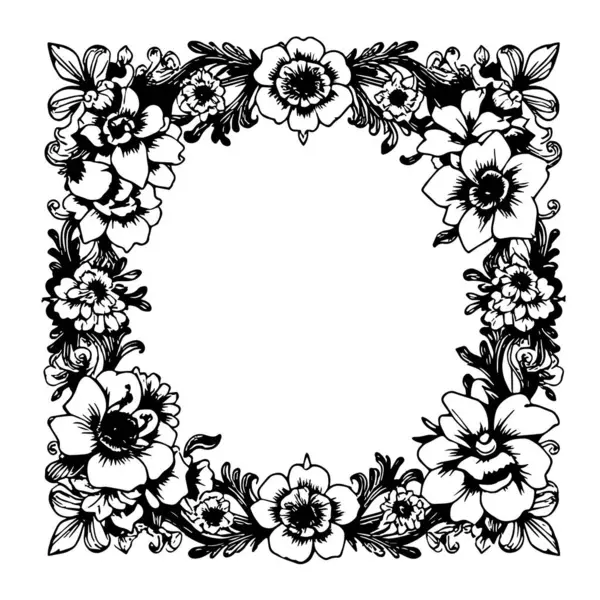 Dekoratif çiçek ve yapraklar arka plan çerçeve çizimlerini oluşturur. Dekoratif çiçeklerin ve kıvrımların kenar arkaplan sanatı süsleri.