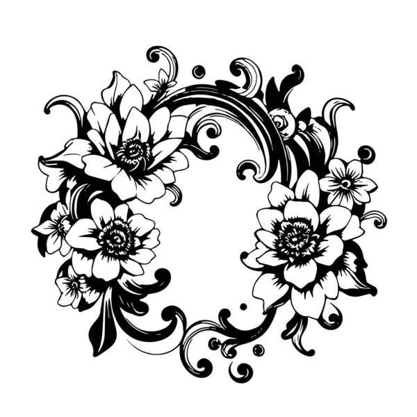 Dekoratif çiçek ve yapraklar arka plan çerçeve çizimlerini oluşturur. Dekoratif çiçeklerin ve kıvrımların kenar arkaplan sanatı süsleri.