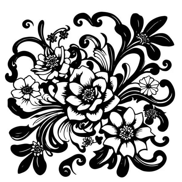 Dekoratif çiçek ve yapraklar arka planda girdap oluşturur. Dekoratif çiçeklerin ve kıvrımların arkaplan sanatı.