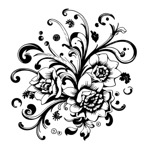 Dekoratif çiçek ve yapraklar arka planda girdap oluşturur. Dekoratif çiçeklerin ve kıvrımların arkaplan sanatı.