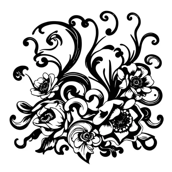 Dekoratif çiçek ve yapraklar arka planda girdap oluşturur. Dekoratif çiçeklerin ve kıvrımların arkaplan sanatı.